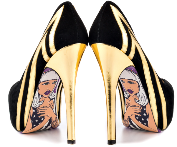 Women's Black And Gold Heels Dress Shoes Stiletto Heels - Taylor Says Blondie Black Gold Graphic Print Platform (600x600), Png Download