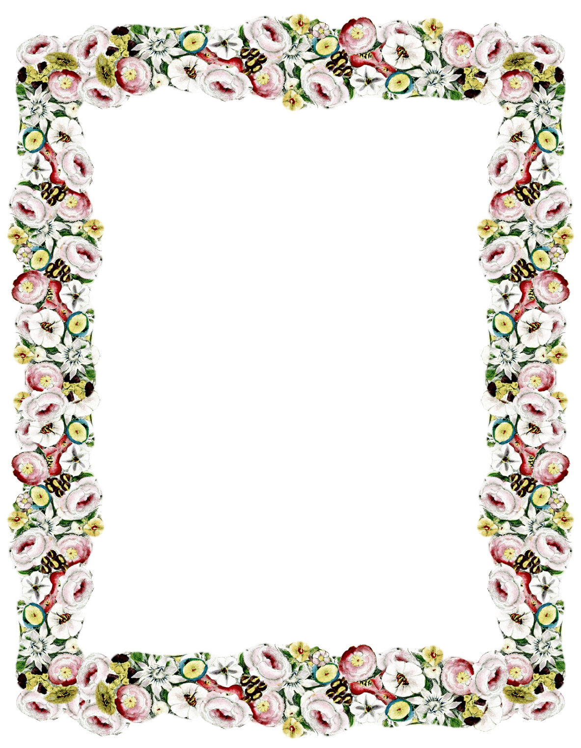 Vintage Floral Frame Png Clip Art Black And White Download - Spring Flower Border Stationary (1183x1524), Png Download