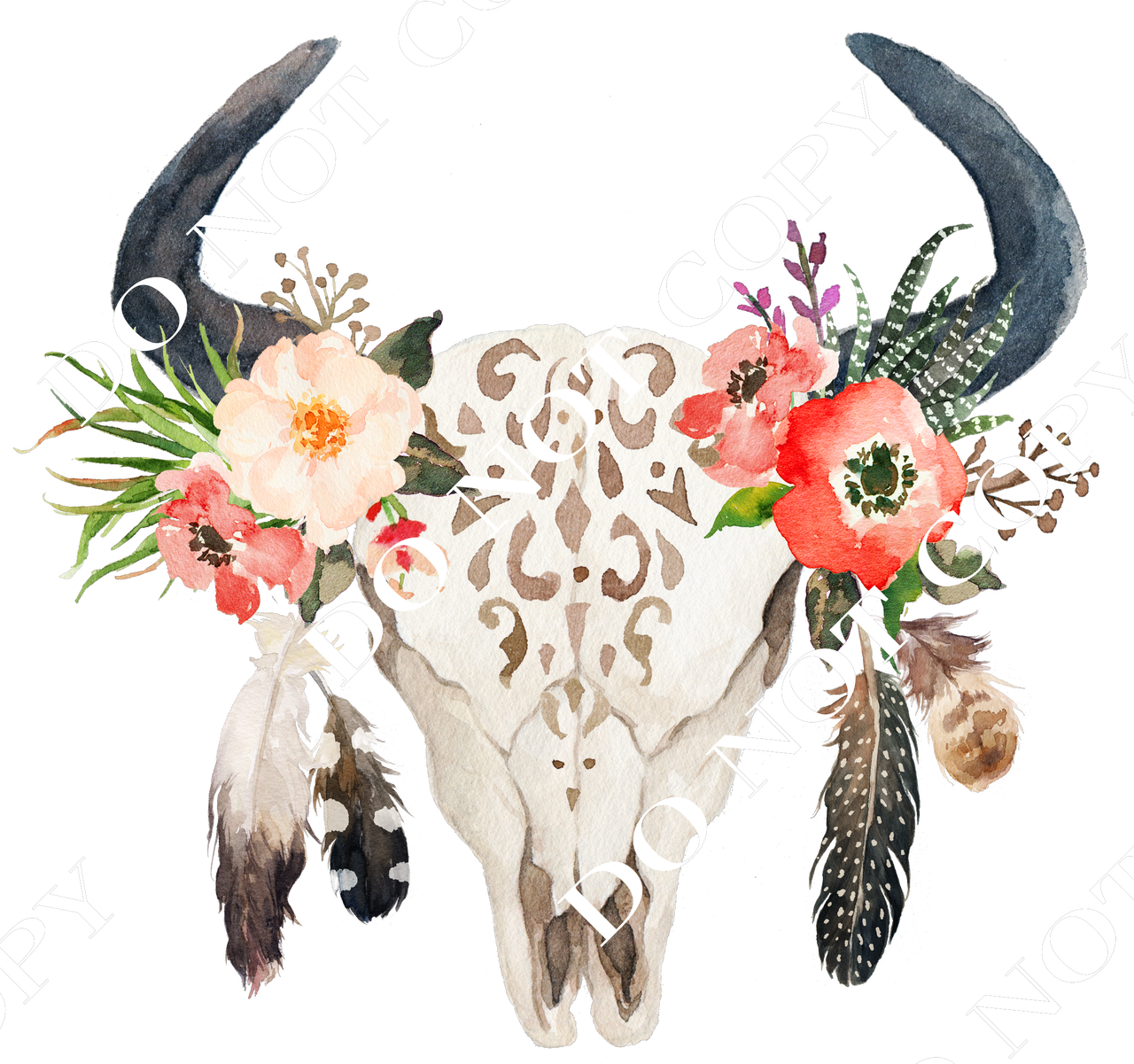 Bull Skull With Feathers (1280x1201), Png Download