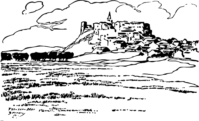Buildings, City, Outline, Sky, Homes, Hill, Home - Sky And Water Clip Arts Black And White (640x389), Png Download