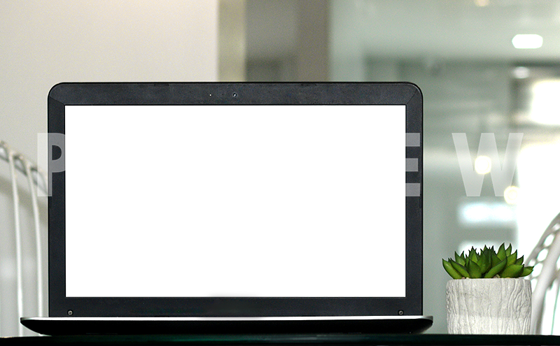 Black Laptop Mockup On An Office Table Beside A Plant - Led-backlit Lcd Display (800x495), Png Download