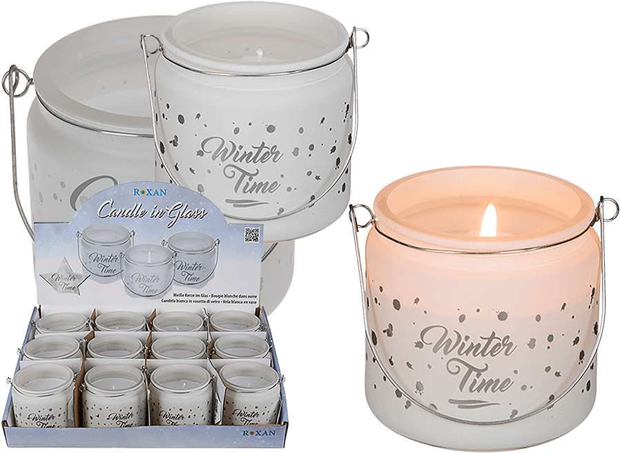 White Candle In Glass With Silver Coloured Metal Handle - Svíčka Winter Time (945x709), Png Download