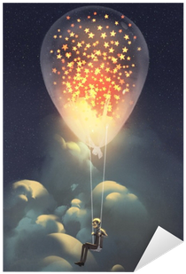 Man And Big Balloon With Glowing Stars Inside Floating - Flotando Entre Estrellas (400x400), Png Download