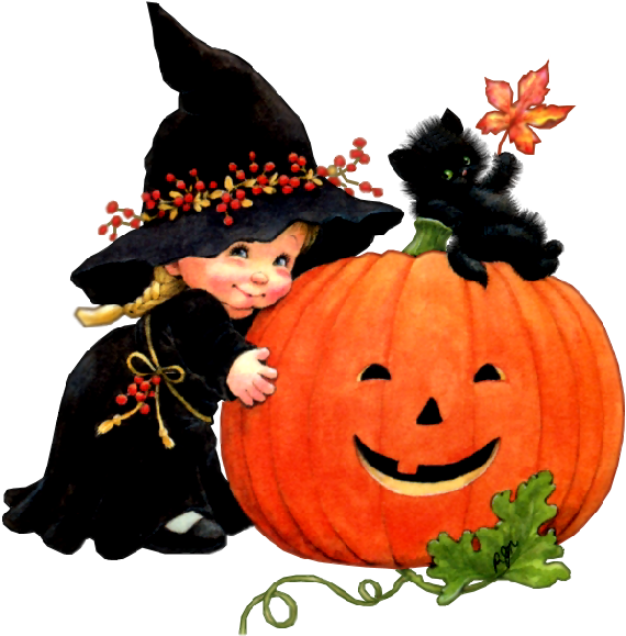 Cartoon Baby Witch With Black Cat,black Hat Witches - Clip Art Halloween (600x600), Png Download