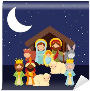 Holy Family With Animals Over Night Background - Holy Family Christmas Wallpapers Backgrounds (400x400), Png Download
