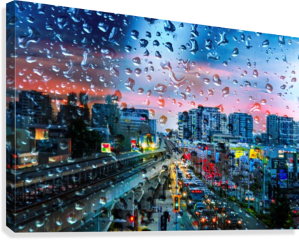 Night City Behind A Glass With Raindrops Canvas Print - Raindrops In The City (429x344), Png Download