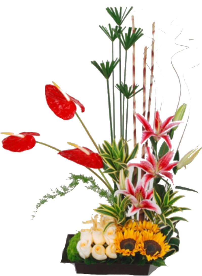 Arreglo Con Rosas, Girasoles, Anturios Y Lirios - Bouquet (899x1264), Png Download