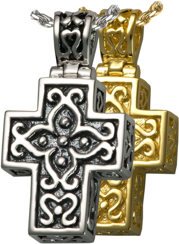 Filigree Cross Jewelry Shown In Silver And Gold Metal - 14k White Gold Cremation Jewelry - Filigree Cross Necklace (500x500), Png Download