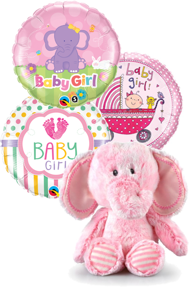 Pink Snuggy Elephant With Baby Girl Balloons - Wdk Partner - D1509230 - Soft Toy - Elephant - 30 Cm (775x1116), Png Download