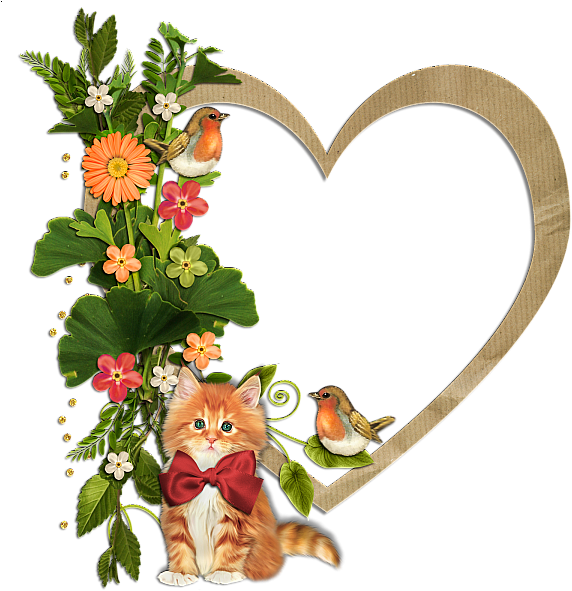 Kitty Birds And Flowers Heart Transparent Frame - Hearts Frames With Flowers (600x600), Png Download