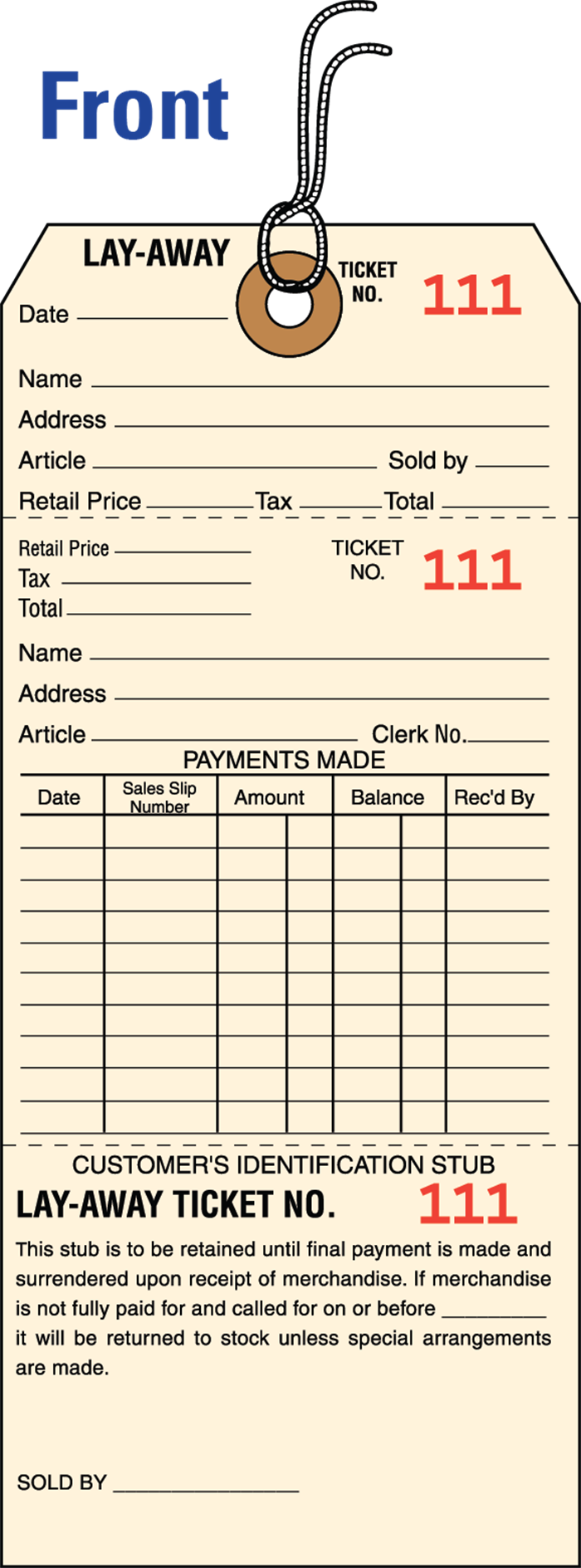 Layaway Hang Tag With Detachable Numbered Ticket Front Standard