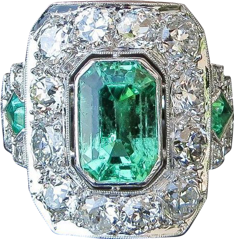 J1525 - 1l - Magnificent Antique Circa 1900 Lady's Platinum Emerald (488x488), Png Download