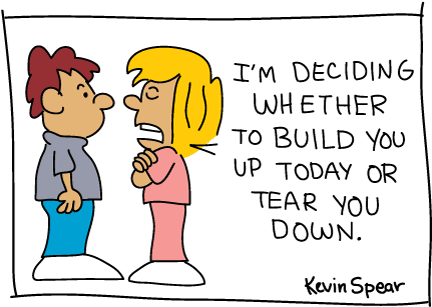 Cartoon Of A Girl Deciding Whether To Tear Down With - Words Can Tear Down Or Build Up (450x324), Png Download