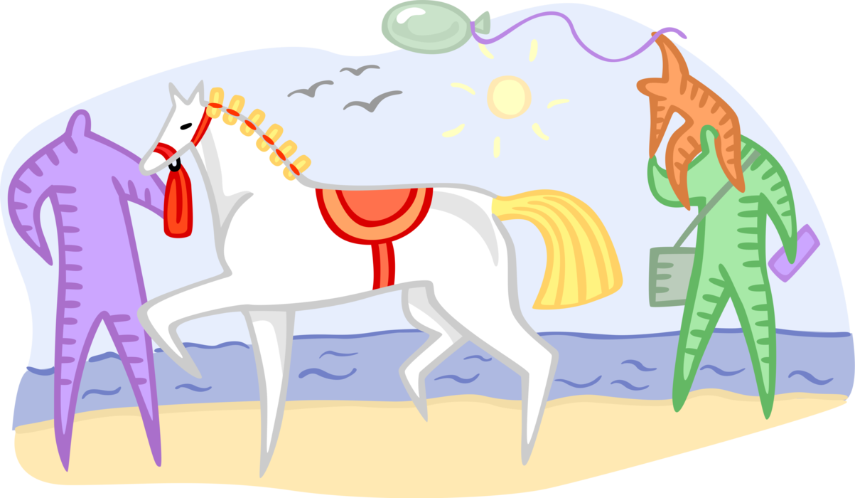 Vector Illustration Of White Horse On Beach With Father - Cartoon (1203x700), Png Download