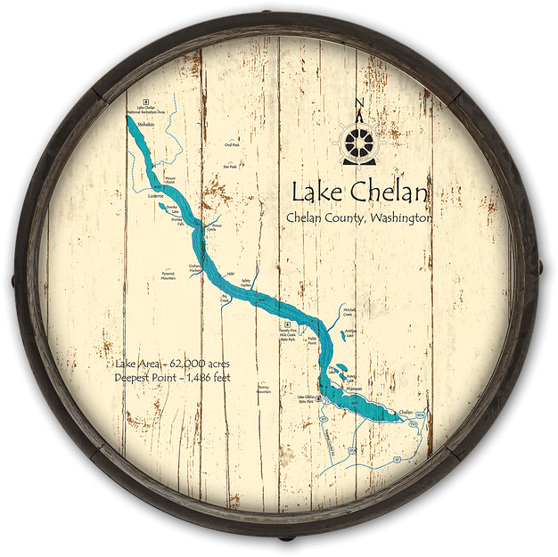 Lake Chelan Wooden Barrel End Map - Lake Chelan, Wa (730x730), Png Download