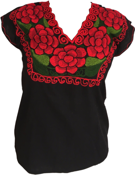 Black Mexican Blouse With Red Flowers - Mexican Blouses (475x600), Png Download