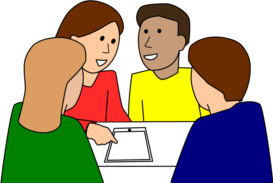 Group Of Four Work At A Table With One Tablet - Students Working In Groups Clipart (1024x768), Png Download