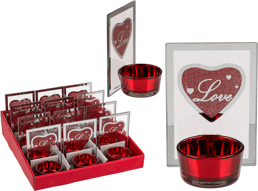 Glass Tealight Holder With Print Love & Red Glitter - Glass (945x709), Png Download