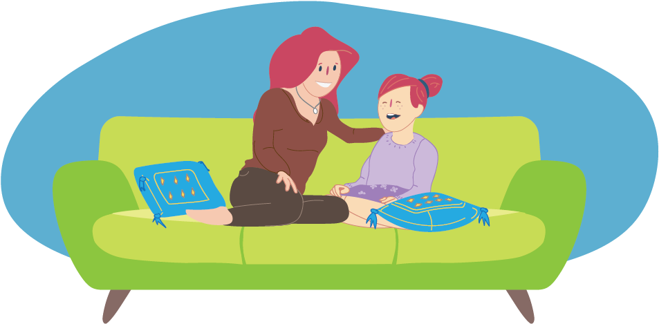 Girl And Parent Sitting Together On Couch And Talking - Kids Helpline (960x475), Png Download