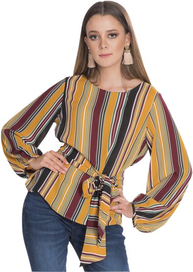 Blusa M/l Rayas Liston Cintura Negro - Blouse (400x600), Png Download
