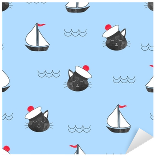 Seamless Marine Pattern With Cat Sailor And Ships - Sailor (400x400), Png Download