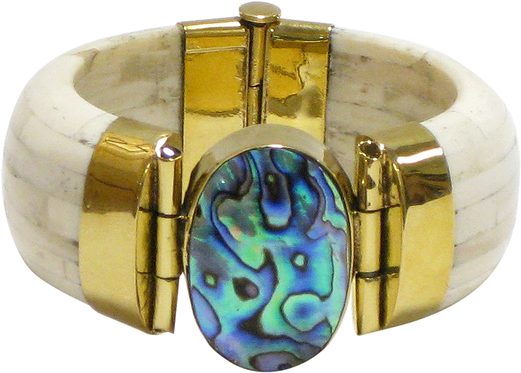 - Ivory Water Buffalo Bone Cuff Wide W/abalone & Gold - Opal (800x800), Png Download