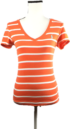 Ralph Lauren Orange & White Striped V-neck Tee Shirt - Dress (506x525), Png Download
