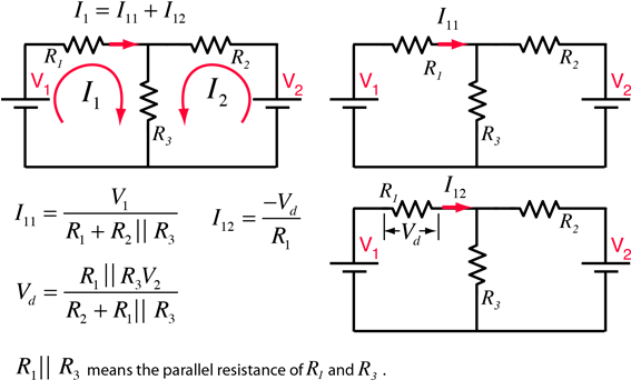 R1 In The Two Loop Circuit Shown, The Individual Current - Superposition Theorem Circuit Diagram (599x367), Png Download
