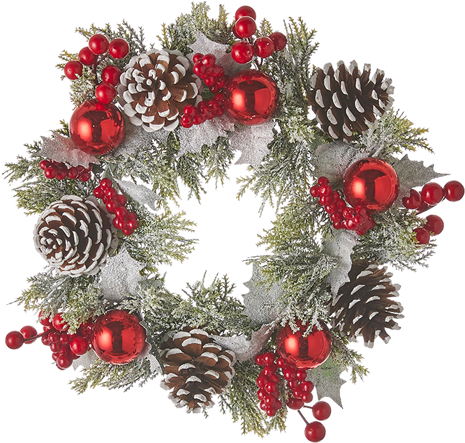 Wreath Green With Cones, Berries And Red Baubles, 30cm - Wreath (1000x1000), Png Download