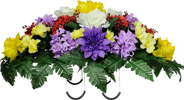Yellow Peony Purple Dahlia Mix Funeral Arrangements, - Yellow Purple Flowers Png (643x643), Png Download