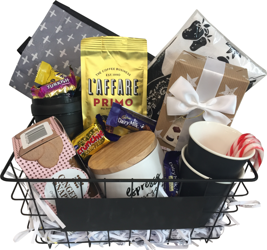 $60 Coffee Theme Gift Basket - Gift Basket (868x810), Png Download