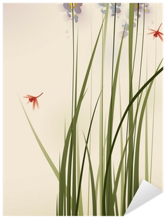 Oriental Style Painting, Tall Grasses And Flowers Sticker - Oriental Style Painting, Tall Grasses And Flowers Art (400x400), Png Download