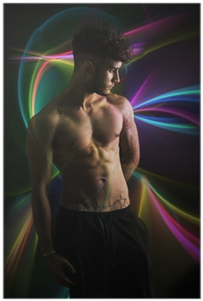 Young Shirtless Man Over Dark Colorful Background Poster - Shirt (400x400), Png Download