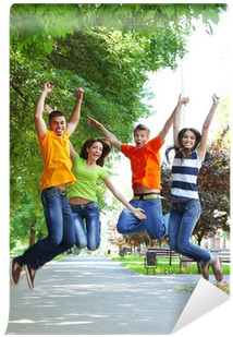 Happy Group Of Young People Jumping In Park Wall Mural - Jovenes Saltando (400x400), Png Download