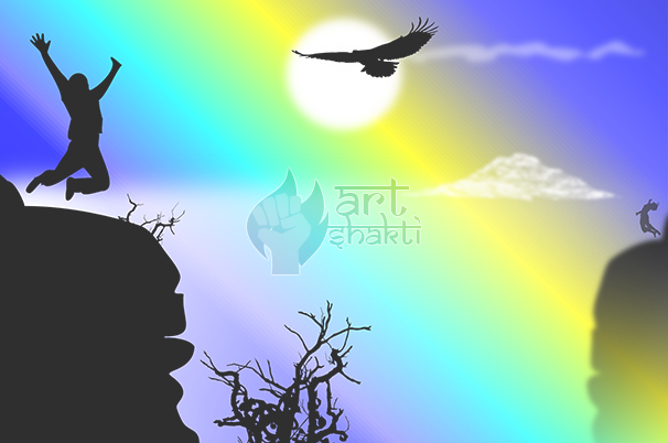 Happiness People Jumping In Air Mountains Eagle Sun - Silhouette (606x402), Png Download
