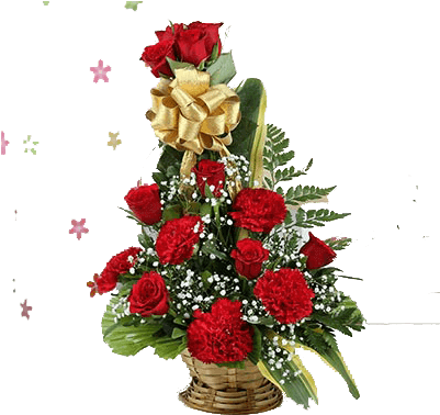 One Sided Basket Of 10 Red Roses & 5 Red Carnations - Garden Roses (400x400), Png Download