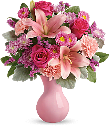 Teleflora's Lush Blush Bouquet Tev45-2a - Mothers Day Flowers In Glass Vase (368x460), Png Download