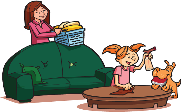 Mom And Daughter Doing Chores - Doing Chores Cartoon Png (620x400), Png Download