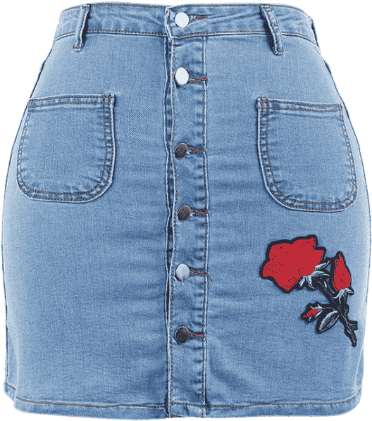 Buttons Rose Patch Denim Skirt - Clothing (558x744), Png Download