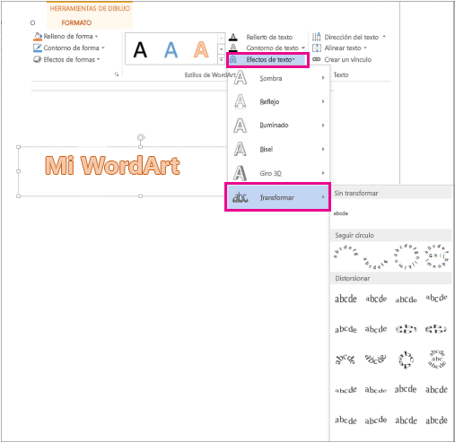 Efectos De Texto En La Pestaña De Formato De Herramientas - Transform Gallery Word 2016 (525x492), Png Download