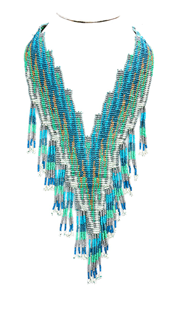 Beaded Fringe Statement Necklace In Blue/mint/gold - Necklace (697x697), Png Download