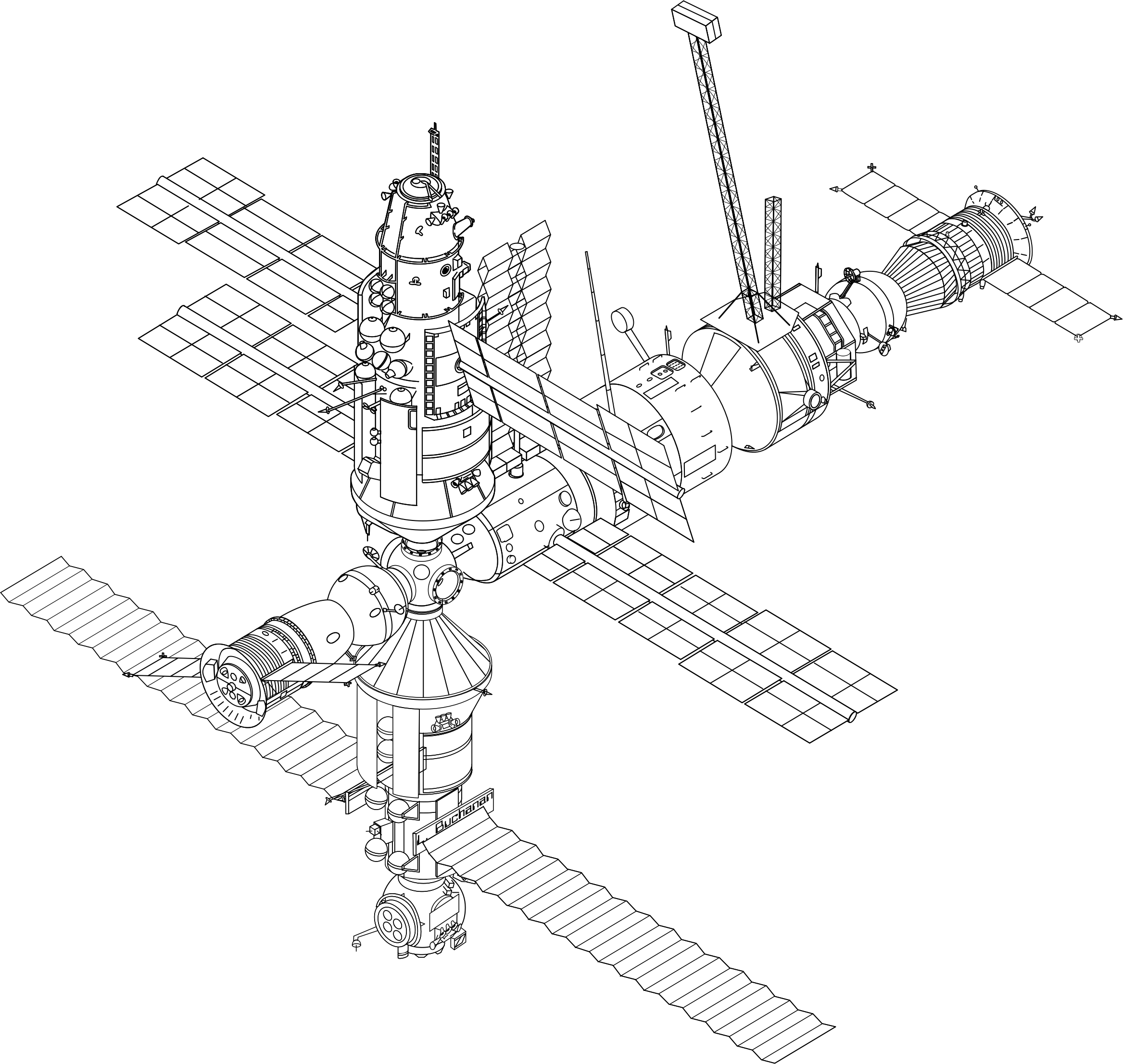 Space Clipart Black And White Download - Draw Mir Space Station (2335x2212), Png Download