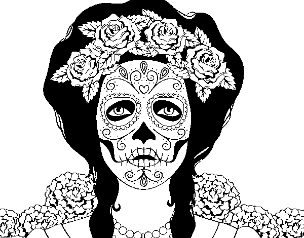 Female Mexican Skull Coloring Page - Caveira Mexicana Mulher Desenho (600x470), Png Download