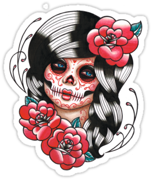 Day Of The Dead Sugar Skull Girl Tattoo Sticker By - Sugar Skull Girl Sticker (375x360), Png Download