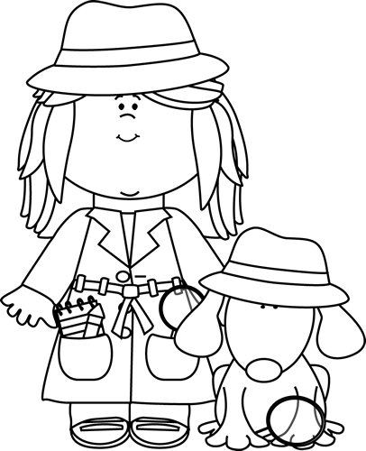 Black And White Girl Detective With Dog - Kid Detectives Clipart Black And White (406x500), Png Download