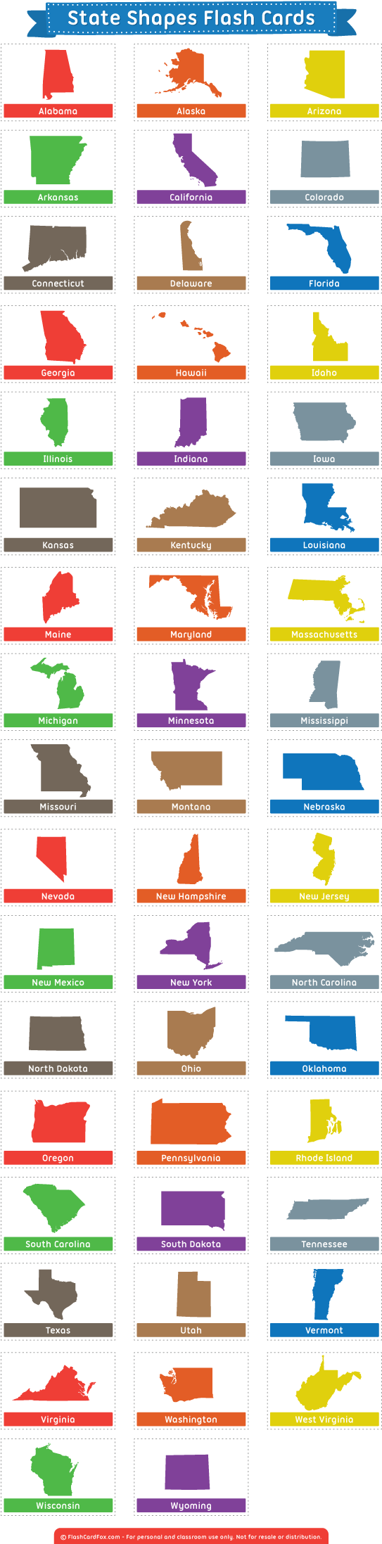 State Outlines, State Maps, Stencils, Patterns - State Flash Cards (600x2201), Png Download