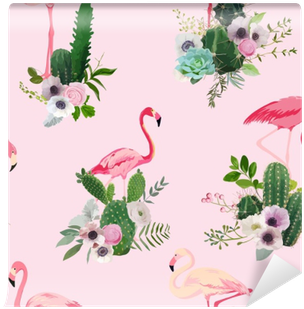 Flamingo Bird And Tropical Cactus Flowers Background - Cactus Flamingo (400x400), Png Download