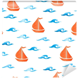 Seamless Sea Pattern With Watercolor Waves Ans Boats - Watercolor Painting (400x400), Png Download