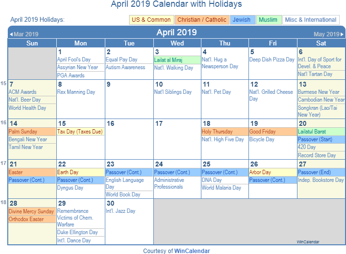 April 2019 Printable Calendar With Us Holidays - Holidays In December 2018 (720x537), Png Download