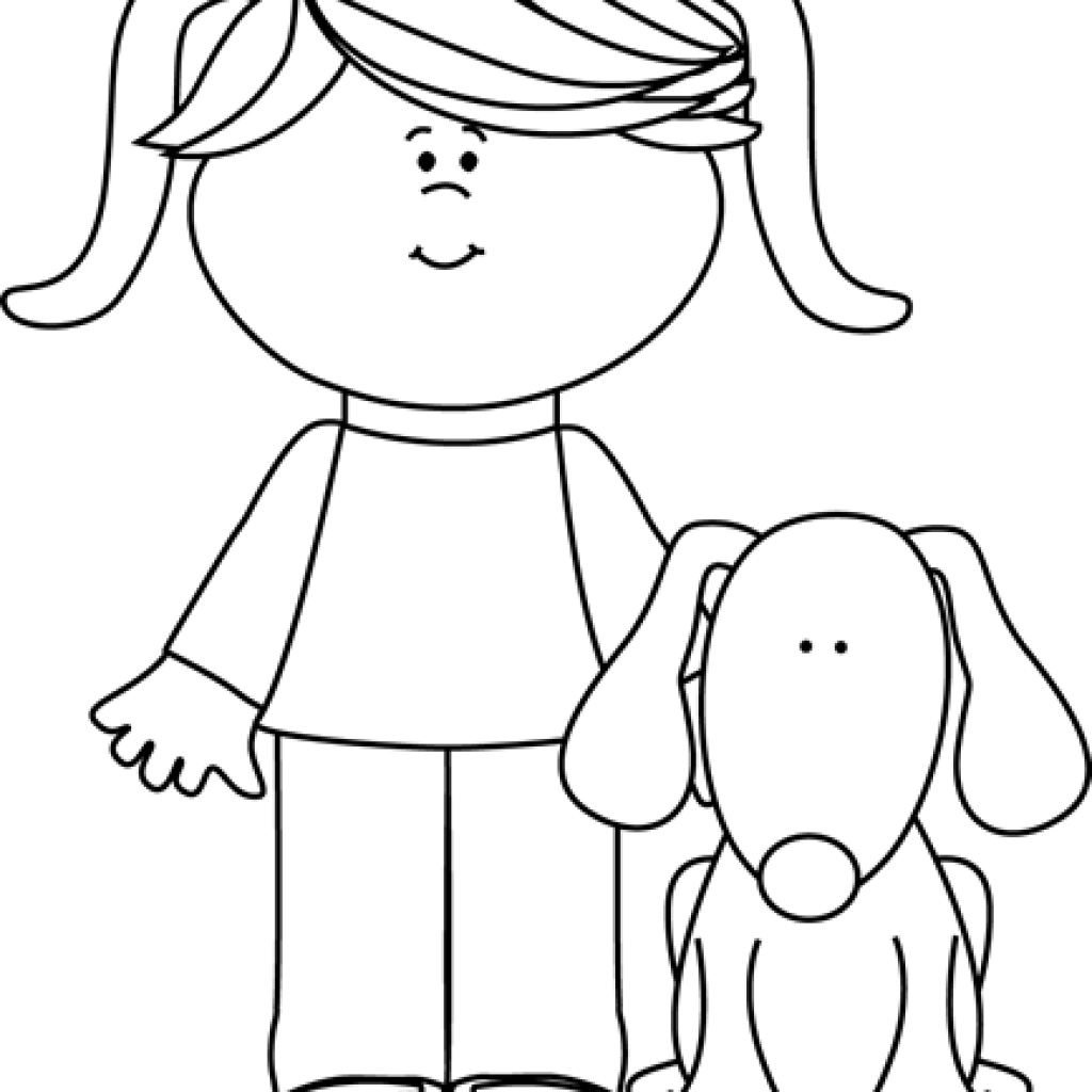 Puppy Clipart Black And White Girl With Pet Dog Clip - Clipart Png Black And White Free (1024x1024), Png Download
